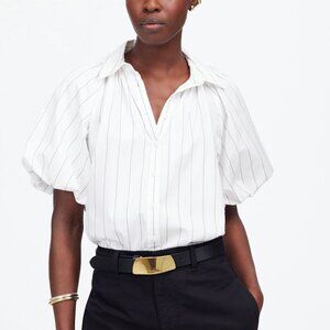 Madewell Shirred Bubble-Sleeve Button-Up Shirt Stripes White Size S NWT